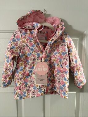 Riley & James Baby Girls Floral Rain Jacket 18M Faux Fur Lined Hooded Coat NWT